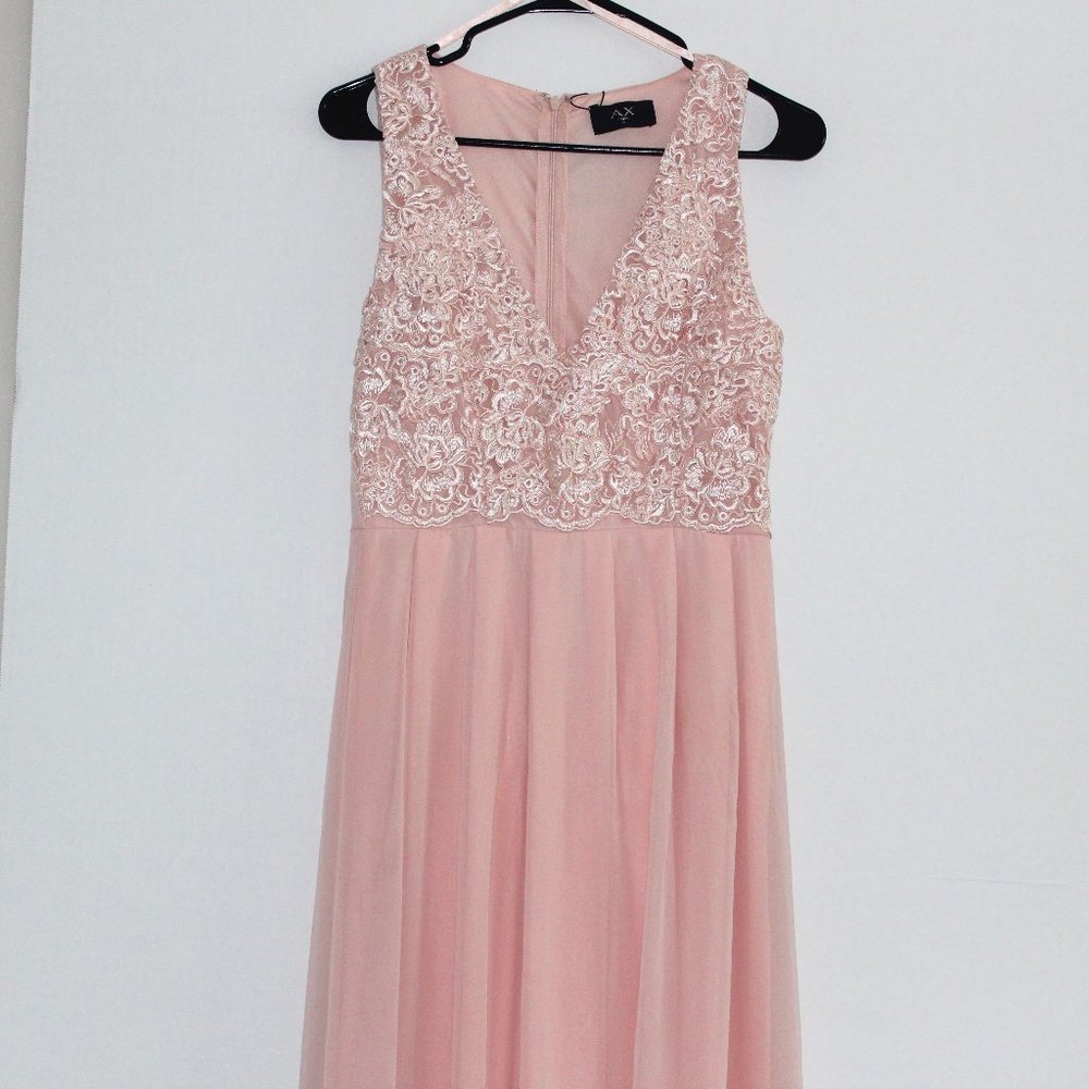 AX Paris NWT Floral Sheer Lace Plunge Neck Blush Light Pink Prom Dress Women’s 8
